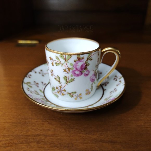 Vintage Limoges France Floral Print Demitasse Teacup and Saucer - Picture 1 of 10